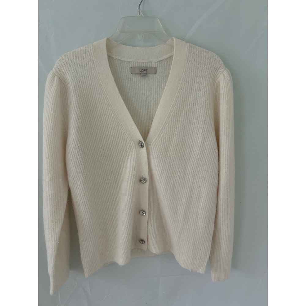 LOFT Womens Cream Ribbed V-Neck Cardigan Rhinestone Button Puff Sleeve Large